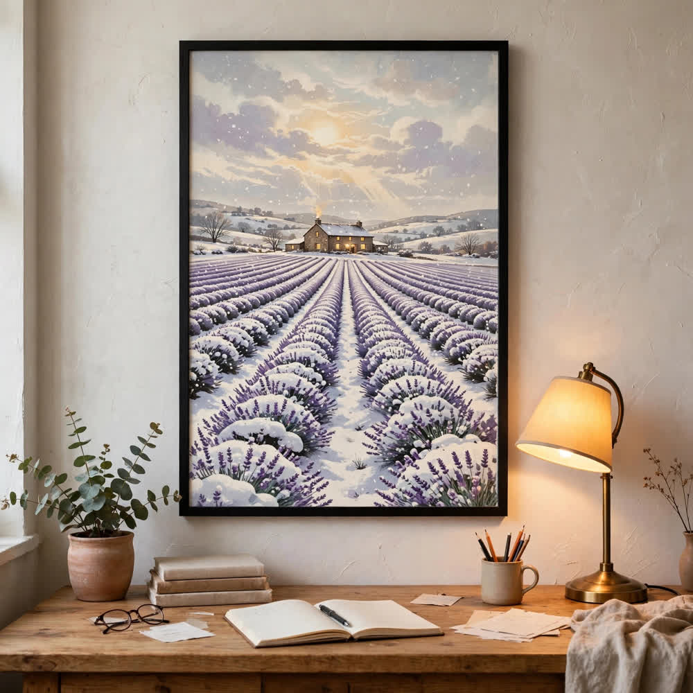 Lavender Snowfall vintage winter poster mockup