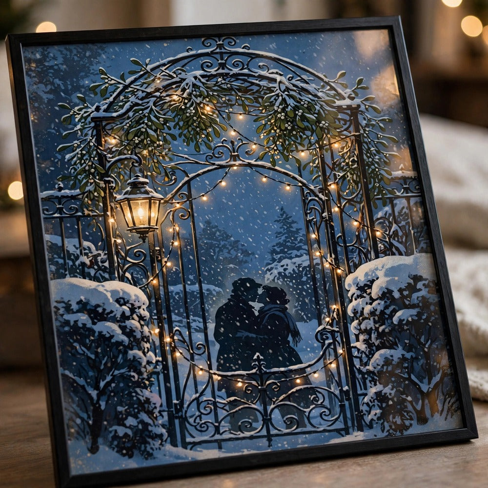 Mistletoe Gate at Christmas vintage winter poster in close-up detail
