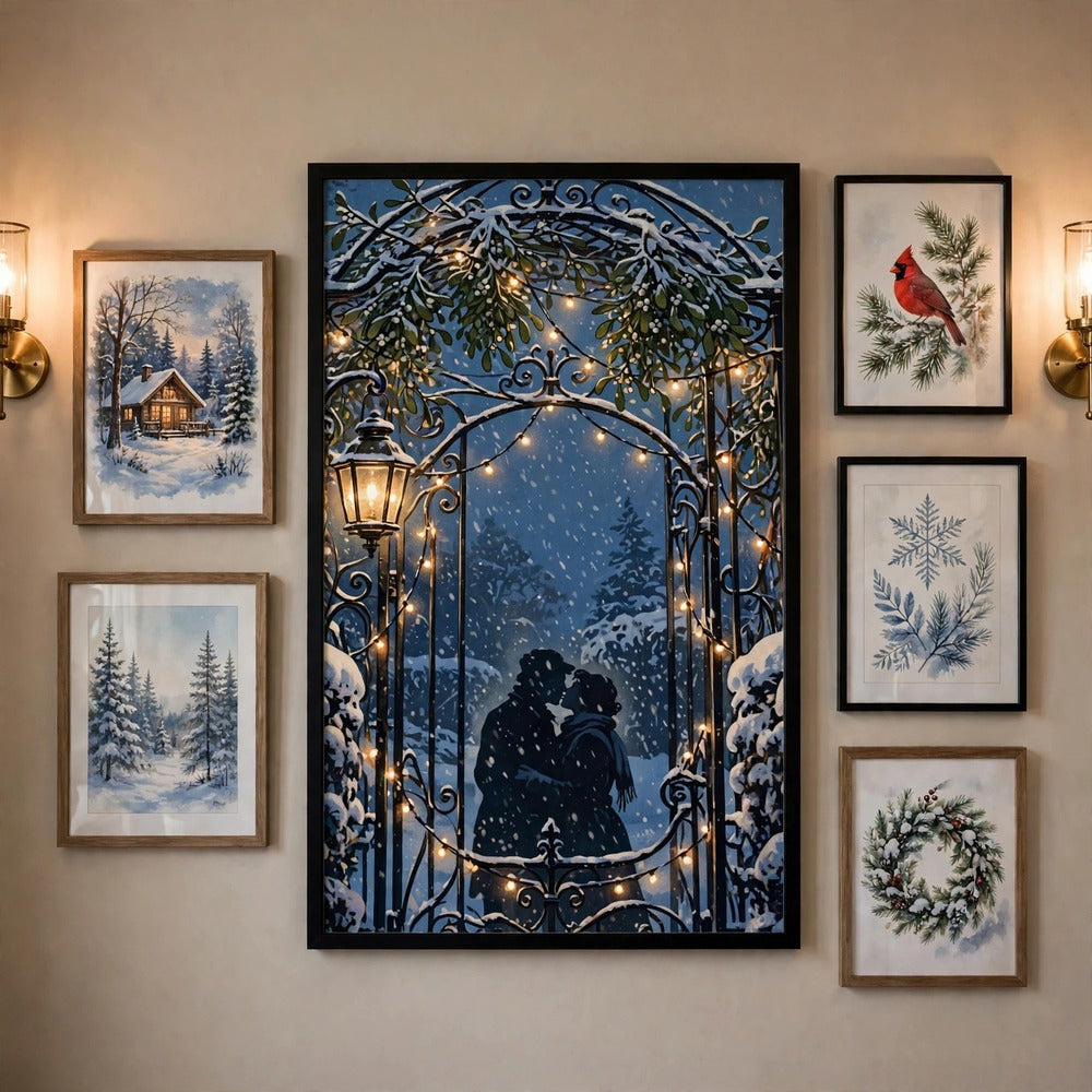 Mistletoe Gate at Christmas vintage winter poster in gallery wall