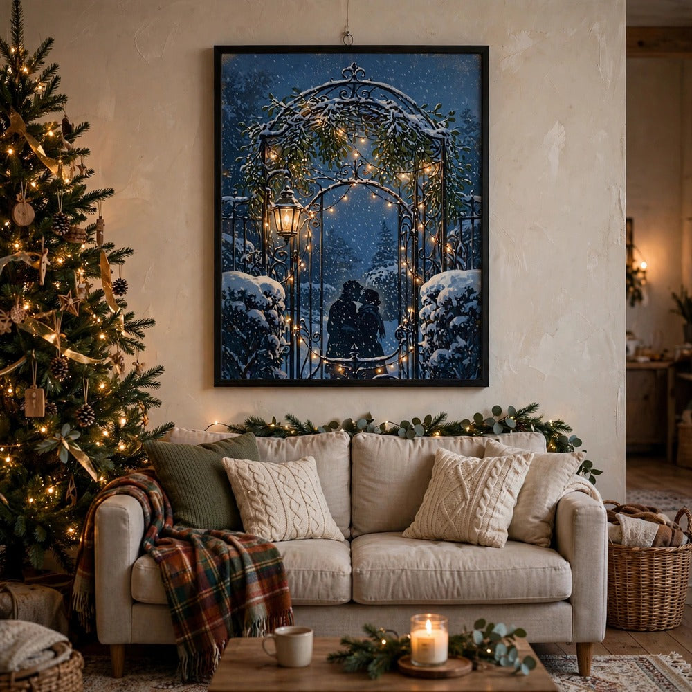 Mistletoe Gate at Christmas vintage winter poster in living room