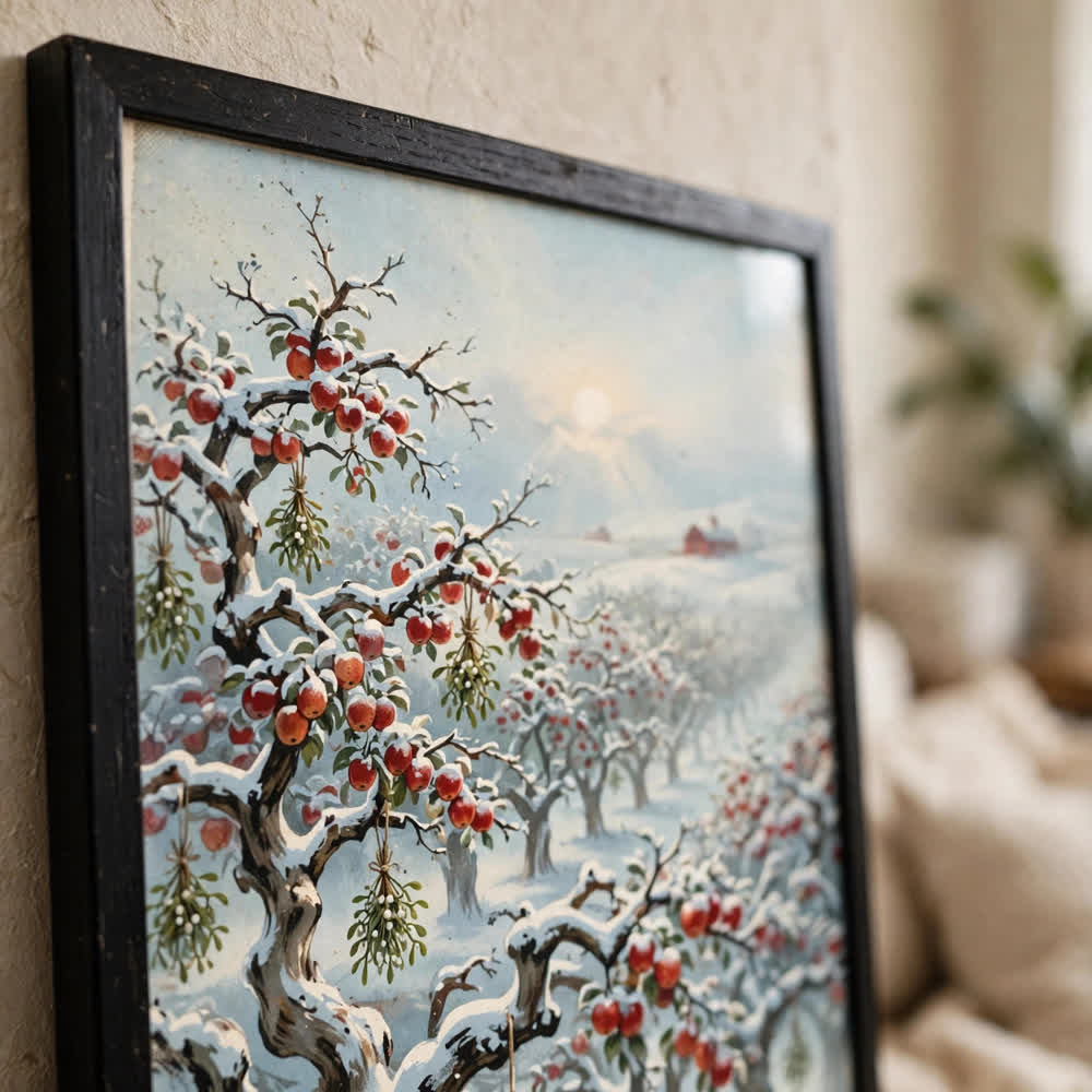 Snowy Apple Orchard at Christmas — Vintage Winter Landscape Poster