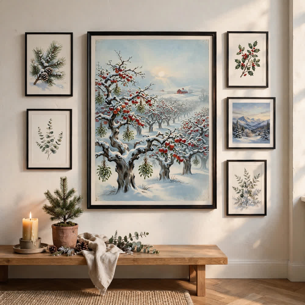 Snowy Apple Orchard at Christmas — Vintage Winter Landscape Poster