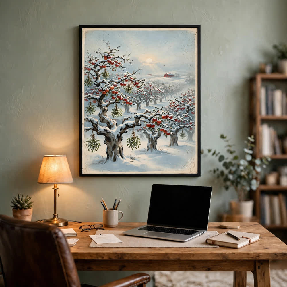 Snowy Apple Orchard at Christmas — Vintage Winter Landscape Poster