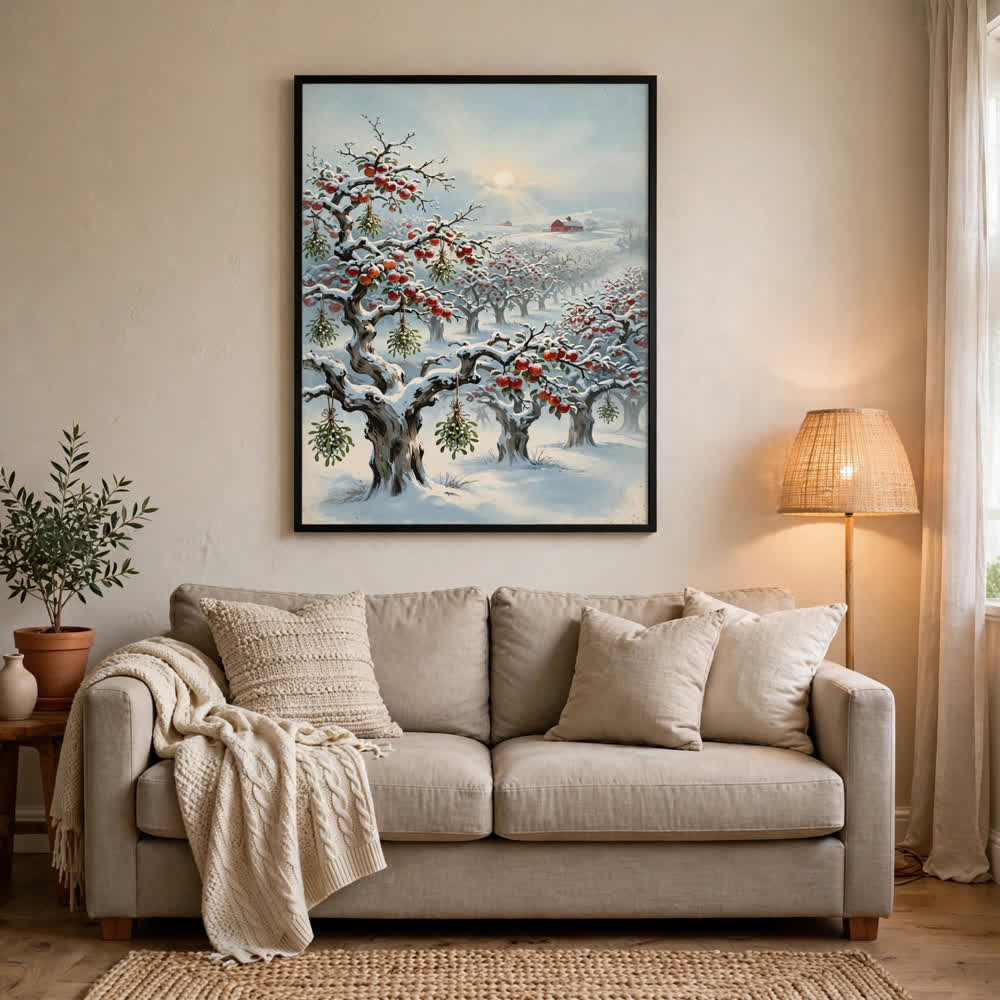 Snowy Apple Orchard at Christmas — Vintage Winter Landscape Poster