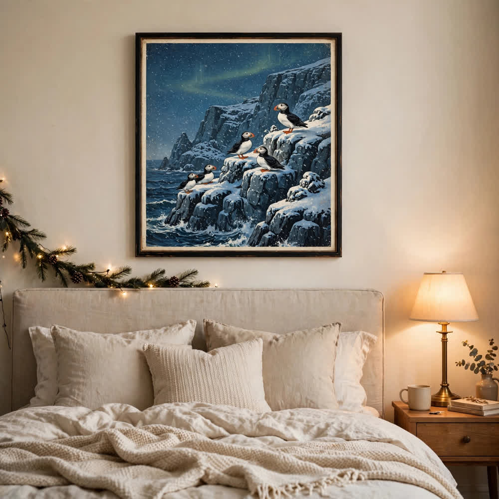 Puffins on Snowy Cliffs at Dusk — Vintage Winter Landscape Poster