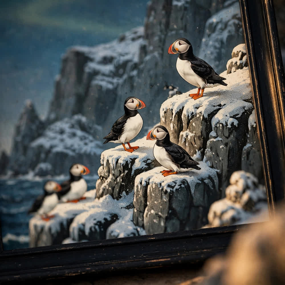 Puffins on Snowy Cliffs at Dusk — Vintage Winter Landscape Poster