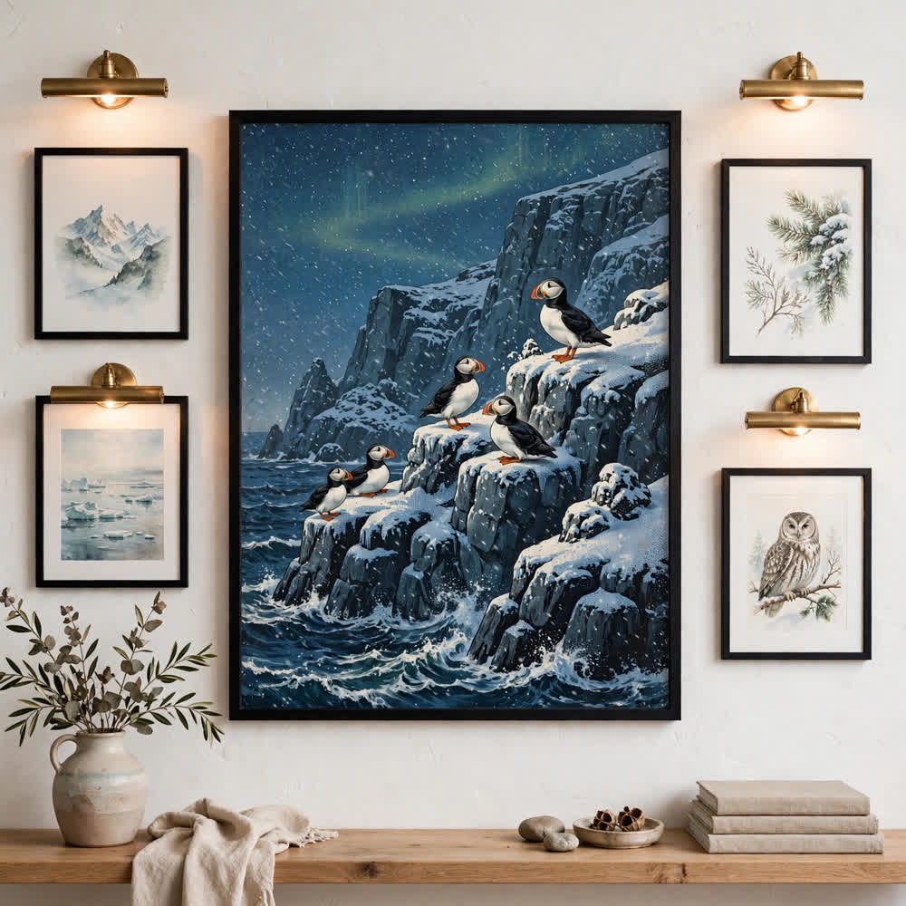 Puffins on Snowy Cliffs at Dusk — Vintage Winter Landscape Poster