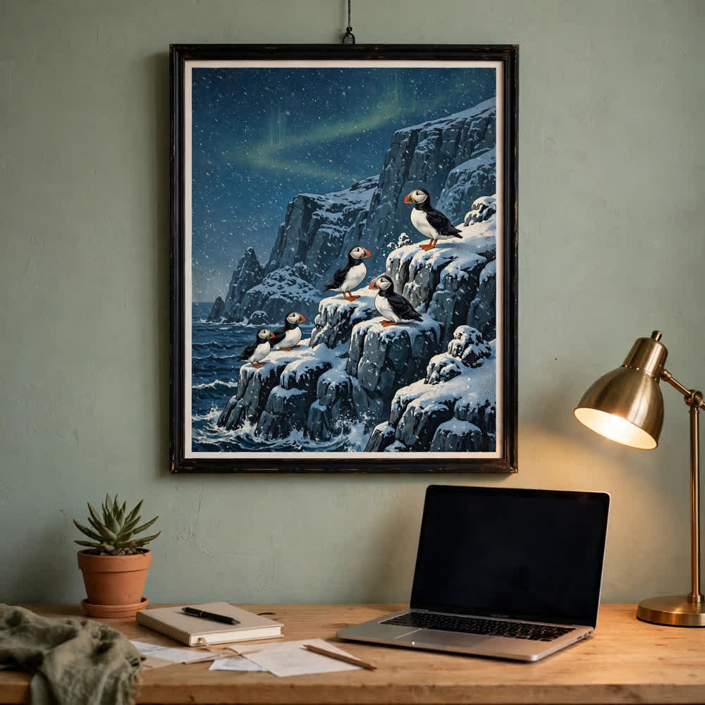Puffins on Snowy Cliffs at Dusk — Vintage Winter Landscape Poster