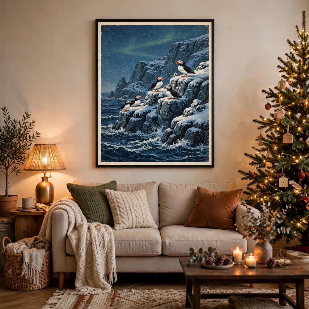 Puffins on Snowy Cliffs at Dusk — Vintage Winter Landscape Poster