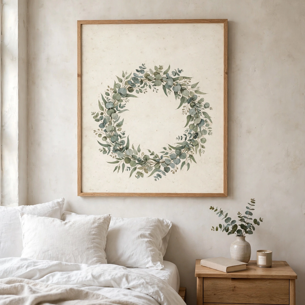 Eucalyptus Christmas Wreath poster in a calm bedroom