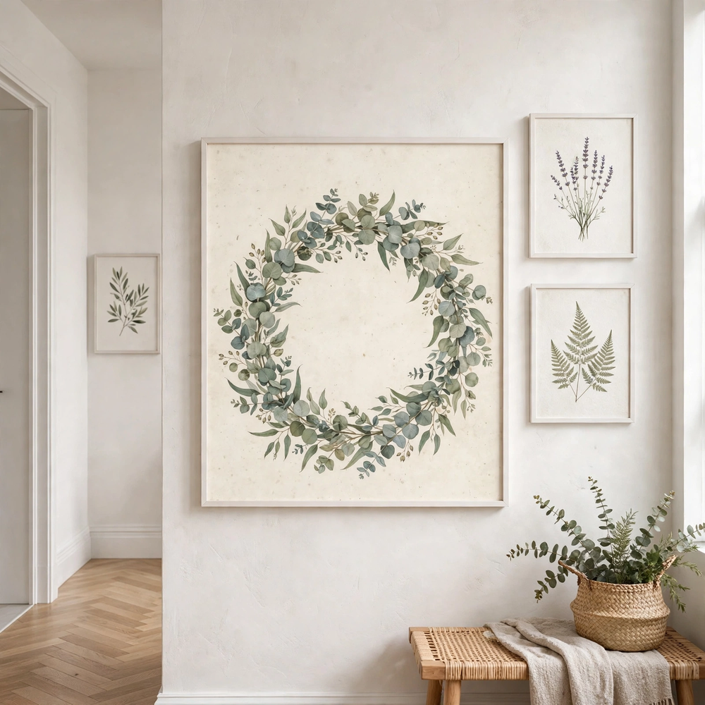 Eucalyptus Christmas Wreath poster as centerpiece of a gallery wall