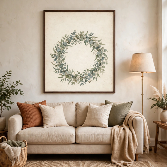 Eucalyptus Christmas Wreath poster framed in a cozy living room