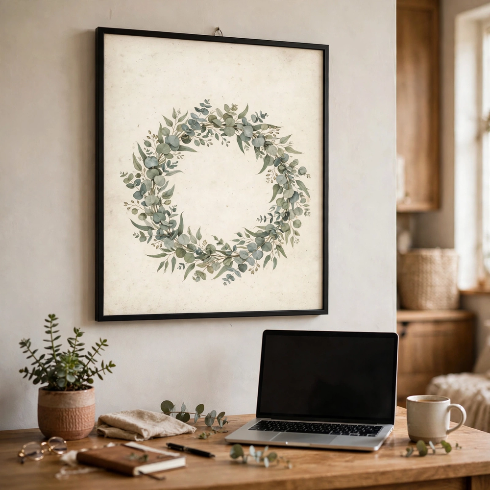 Eucalyptus Christmas Wreath poster in a home office
