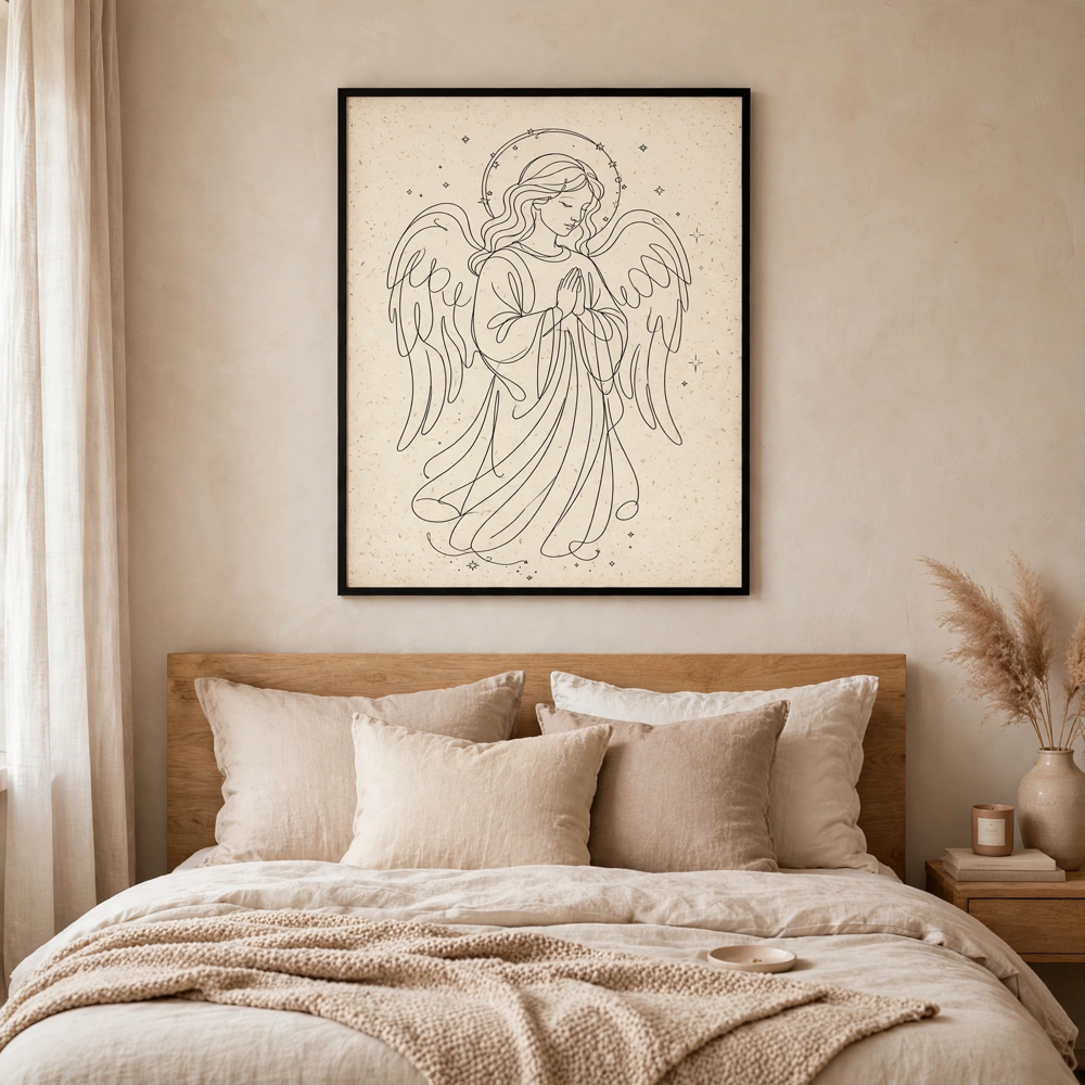 Line Art Angel — Vintage Winter Landscape Poster
