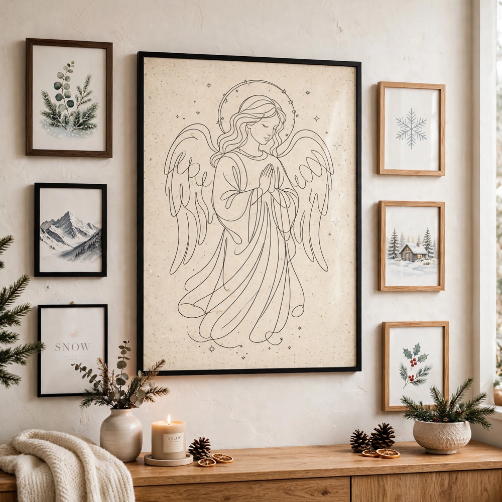 Line Art Angel — Vintage Winter Landscape Poster