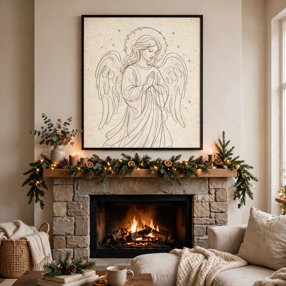 Line Art Angel — Vintage Winter Landscape Poster