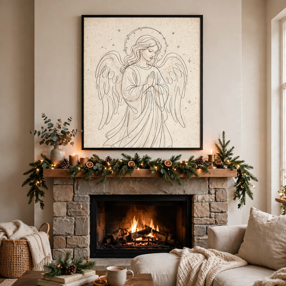 Line Art Angel — Vintage Winter Landscape Poster