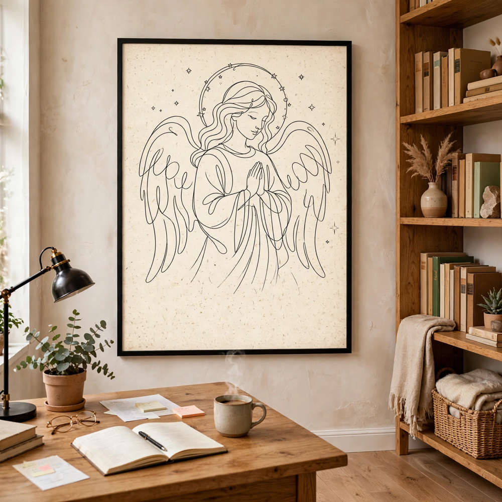 Line Art Angel — Vintage Winter Landscape Poster