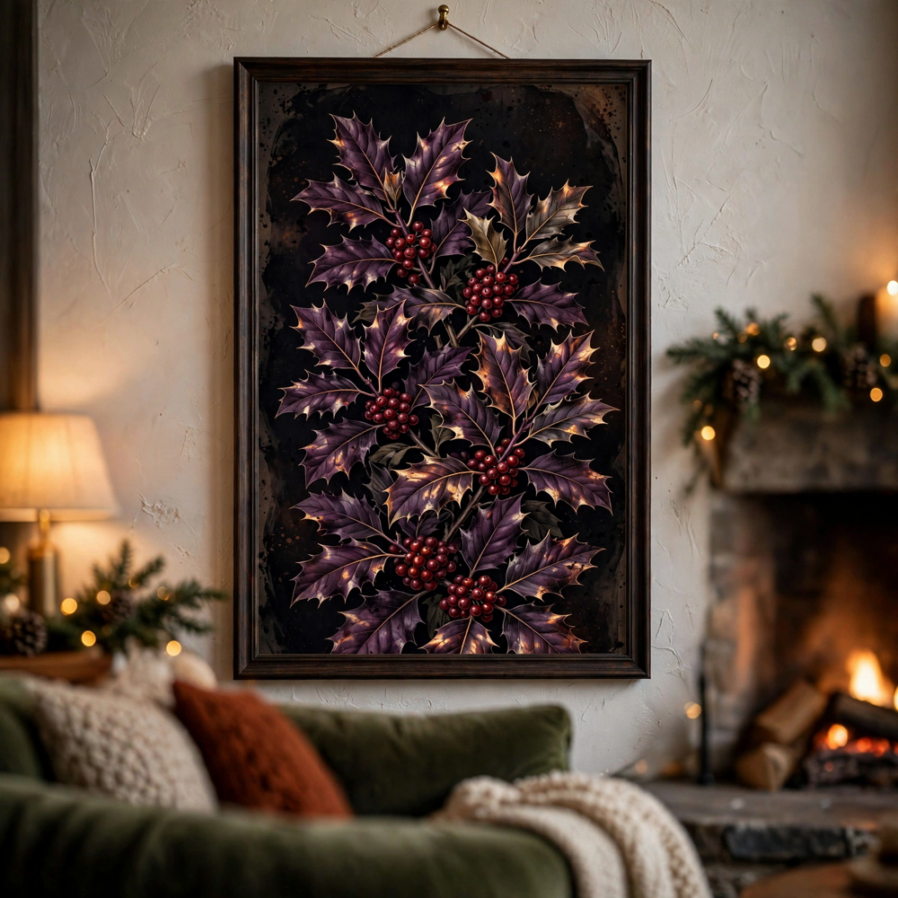 Gothic Holly Night — Vintage Winter Landscape Poster