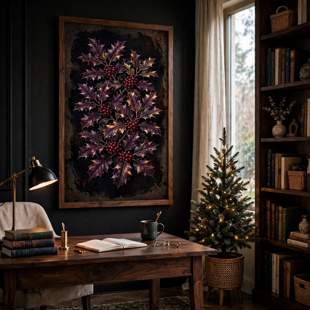 Gothic Holly Night — Vintage Winter Landscape Poster