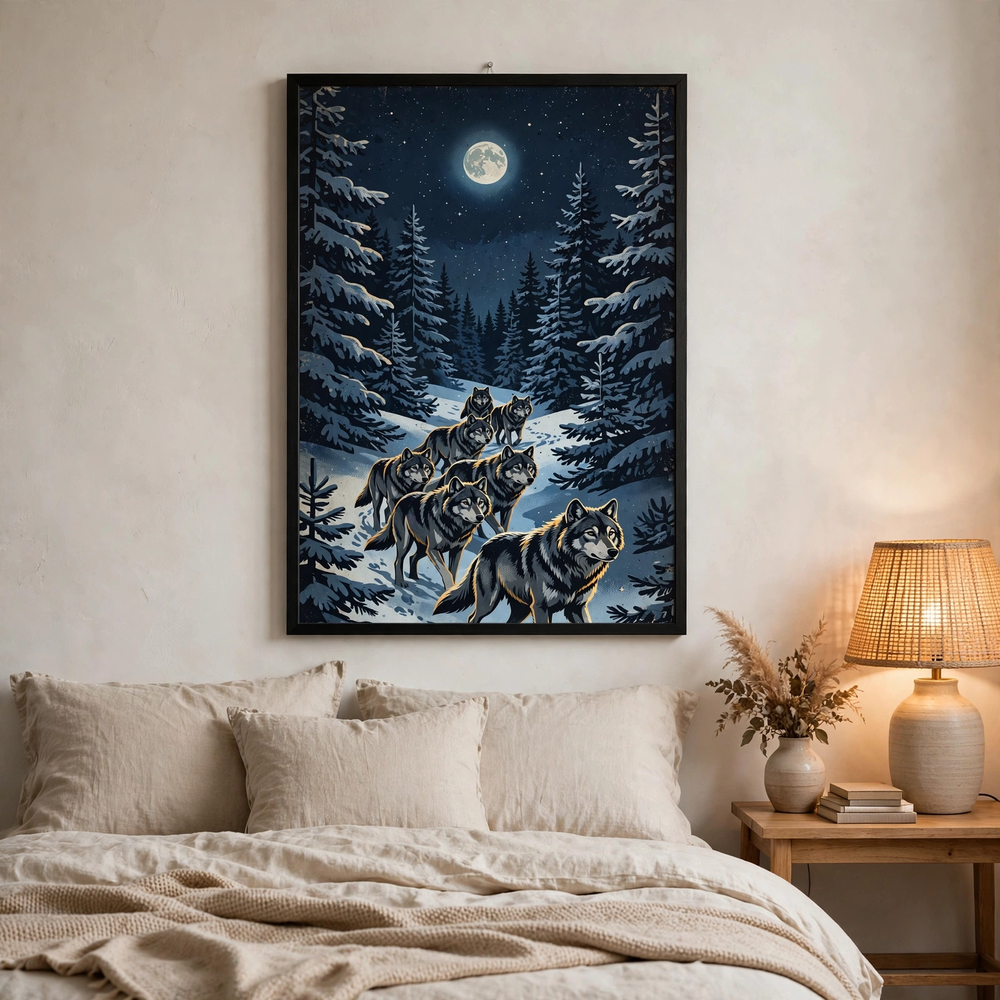 Winter Wolves at Moonrise poster in bedroom