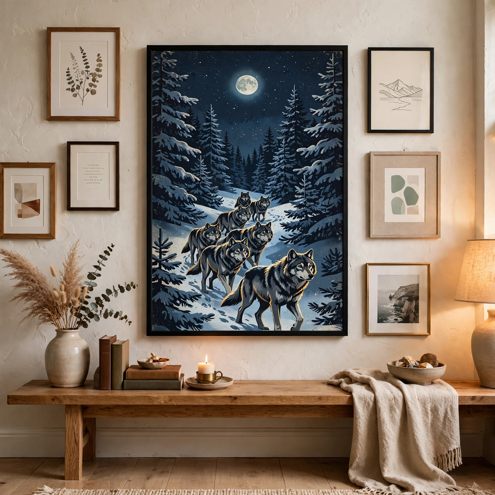 Winter Wolves at Moonrise poster in gallery wall