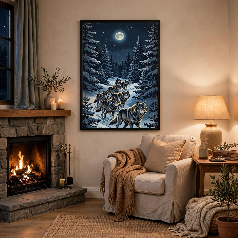 Winter Wolves at Moonrise poster in living room