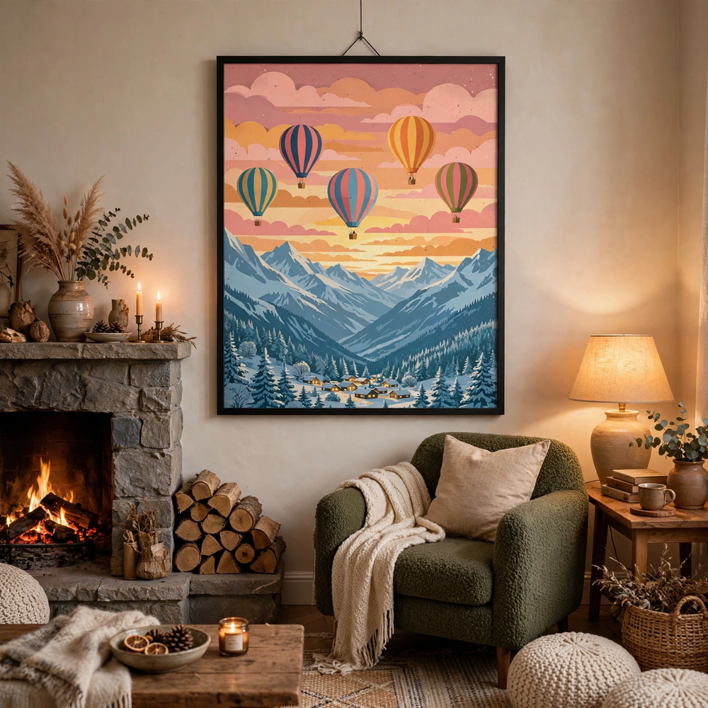 Snowbound Hot Air Balloons poster in living room
