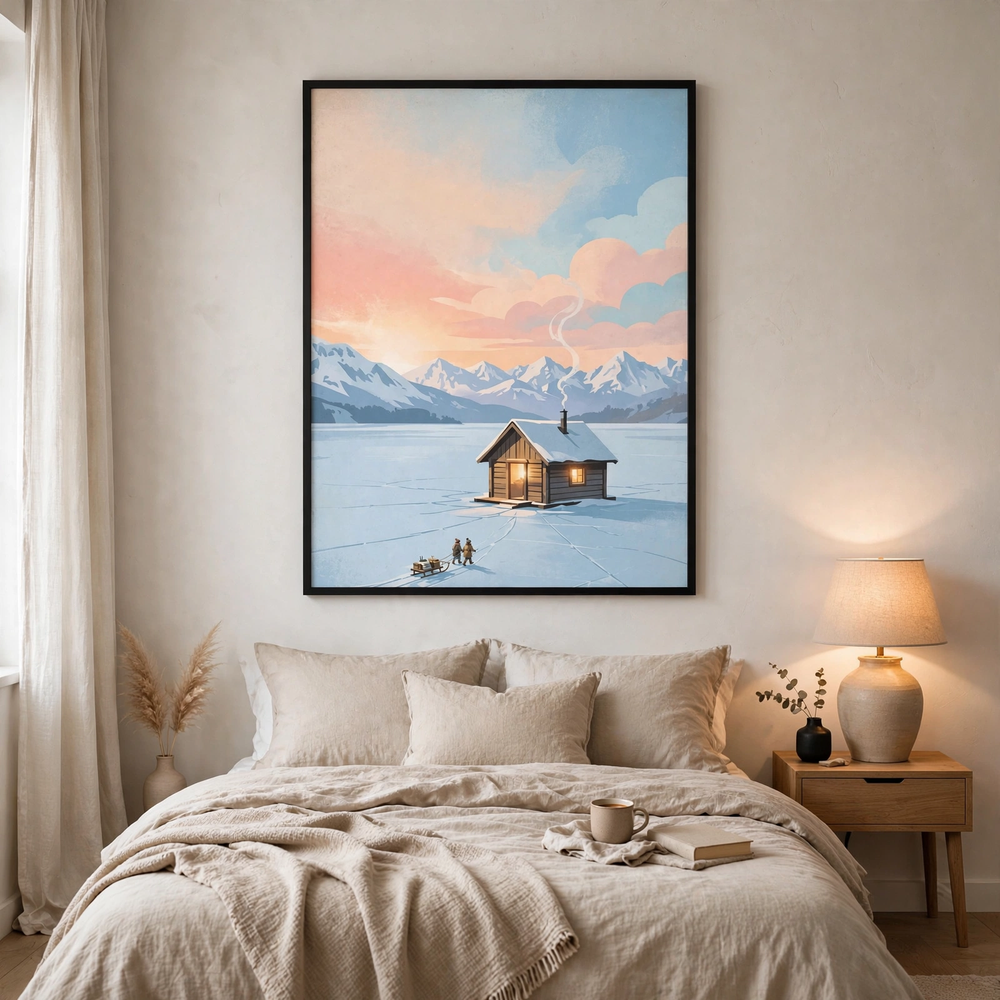 Ice Fishing Hut at Sunrise poster in bedroom
