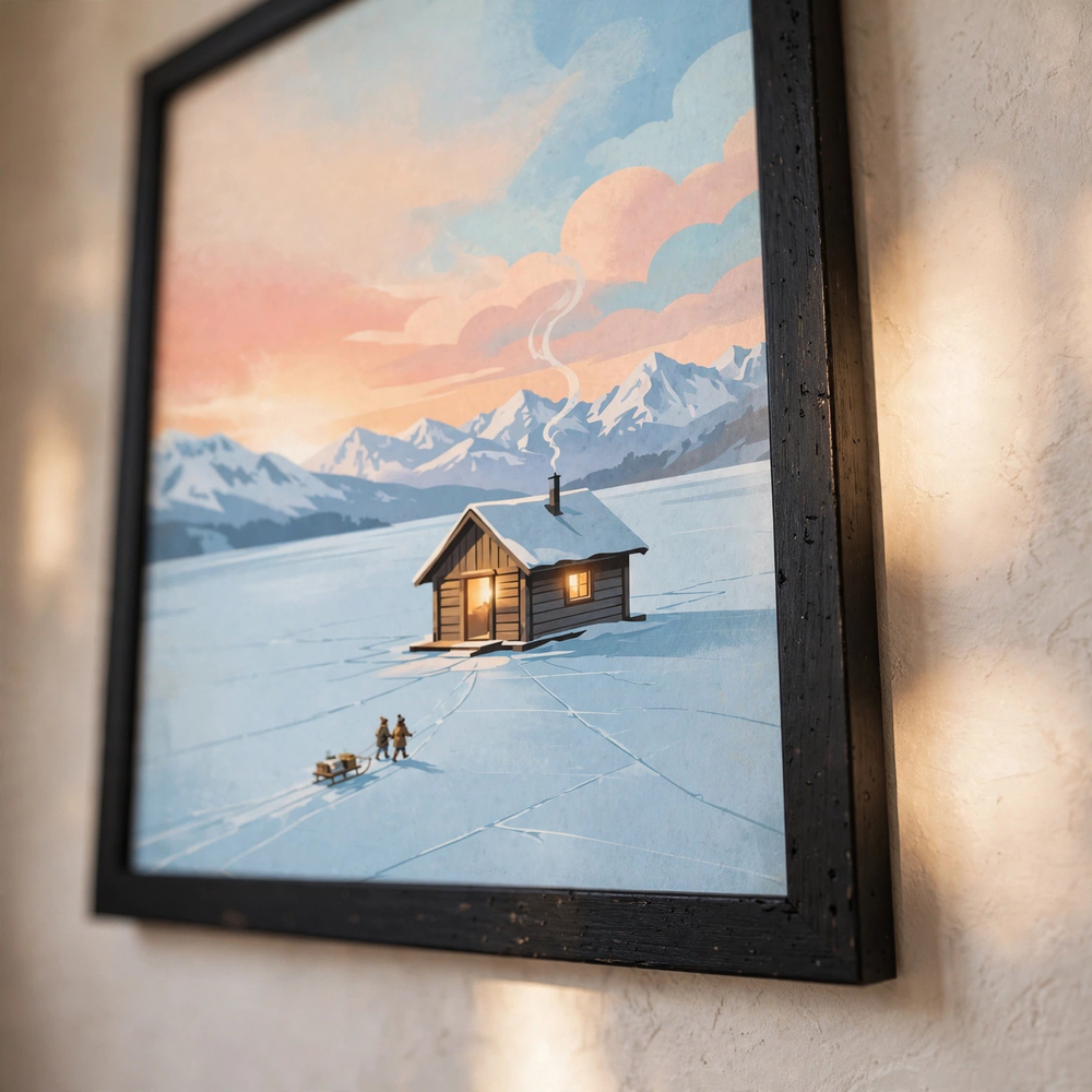 Ice Fishing Hut at Sunrise poster in close-up detail