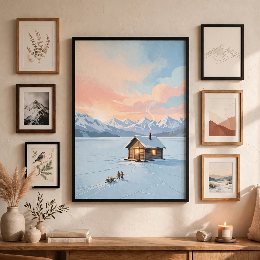 Ice Fishing Hut at Sunrise poster in gallery wall