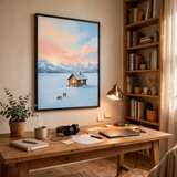 Ice Fishing Hut at Sunrise poster in home office