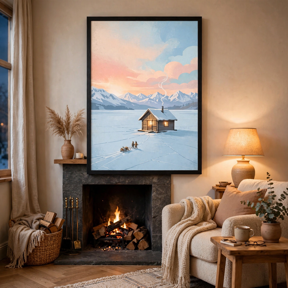 Ice Fishing Hut at Sunrise poster in living room
