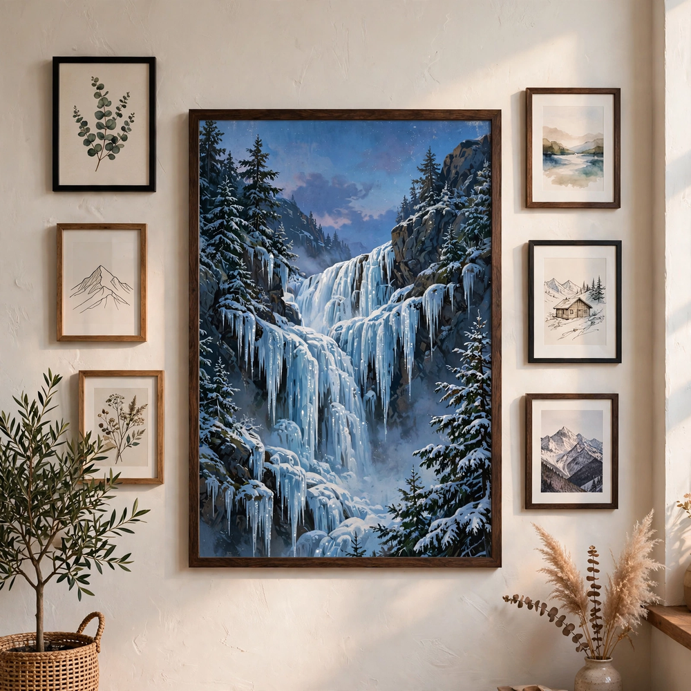 Frozen Waterfall Cathedral poster in gallery wall