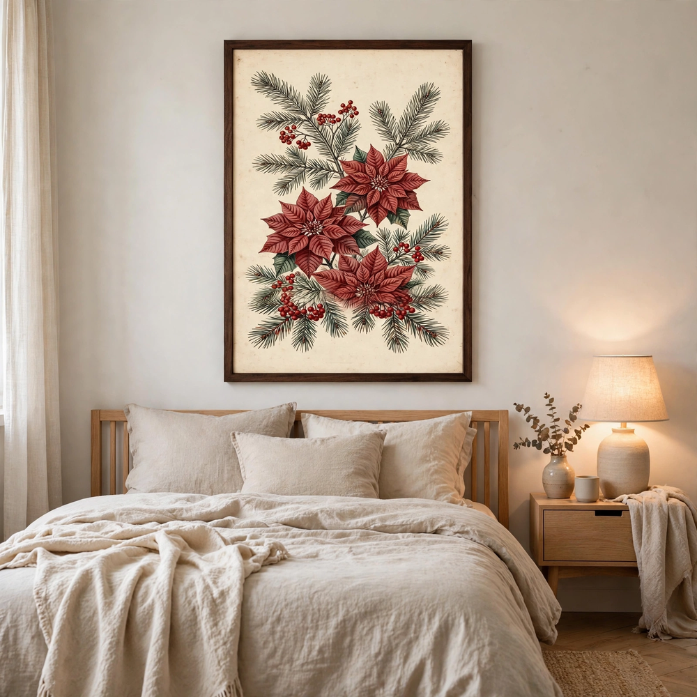 Poinsettia & Pine Botanical poster in bedroom