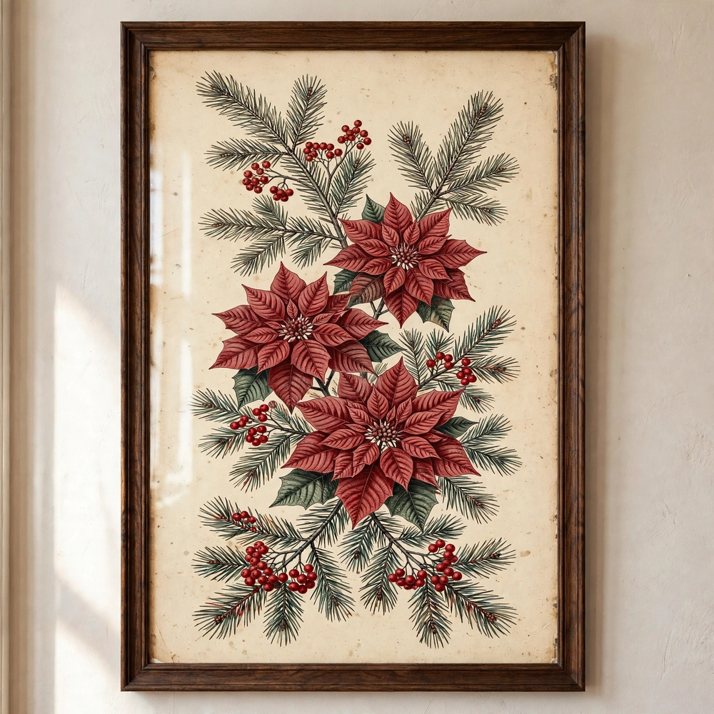 Poinsettia & Pine Botanical poster in close-up detail