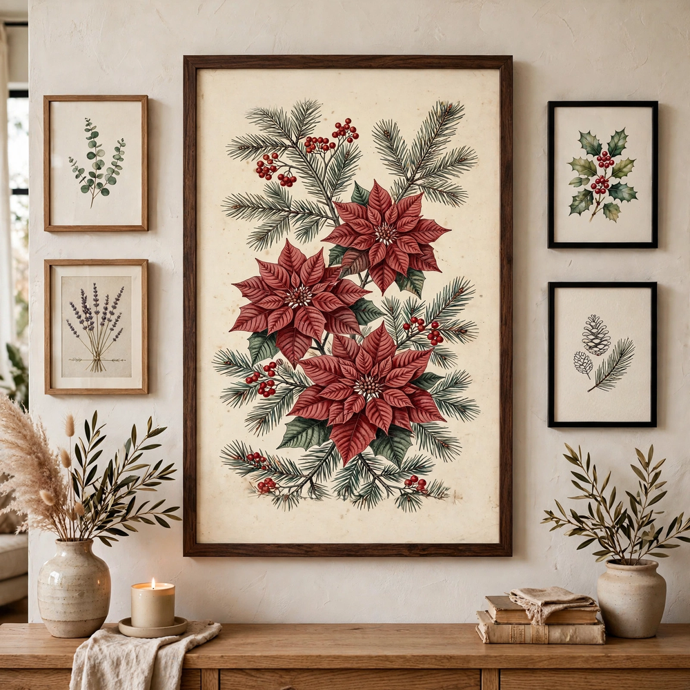 Poinsettia & Pine Botanical poster in gallery wall