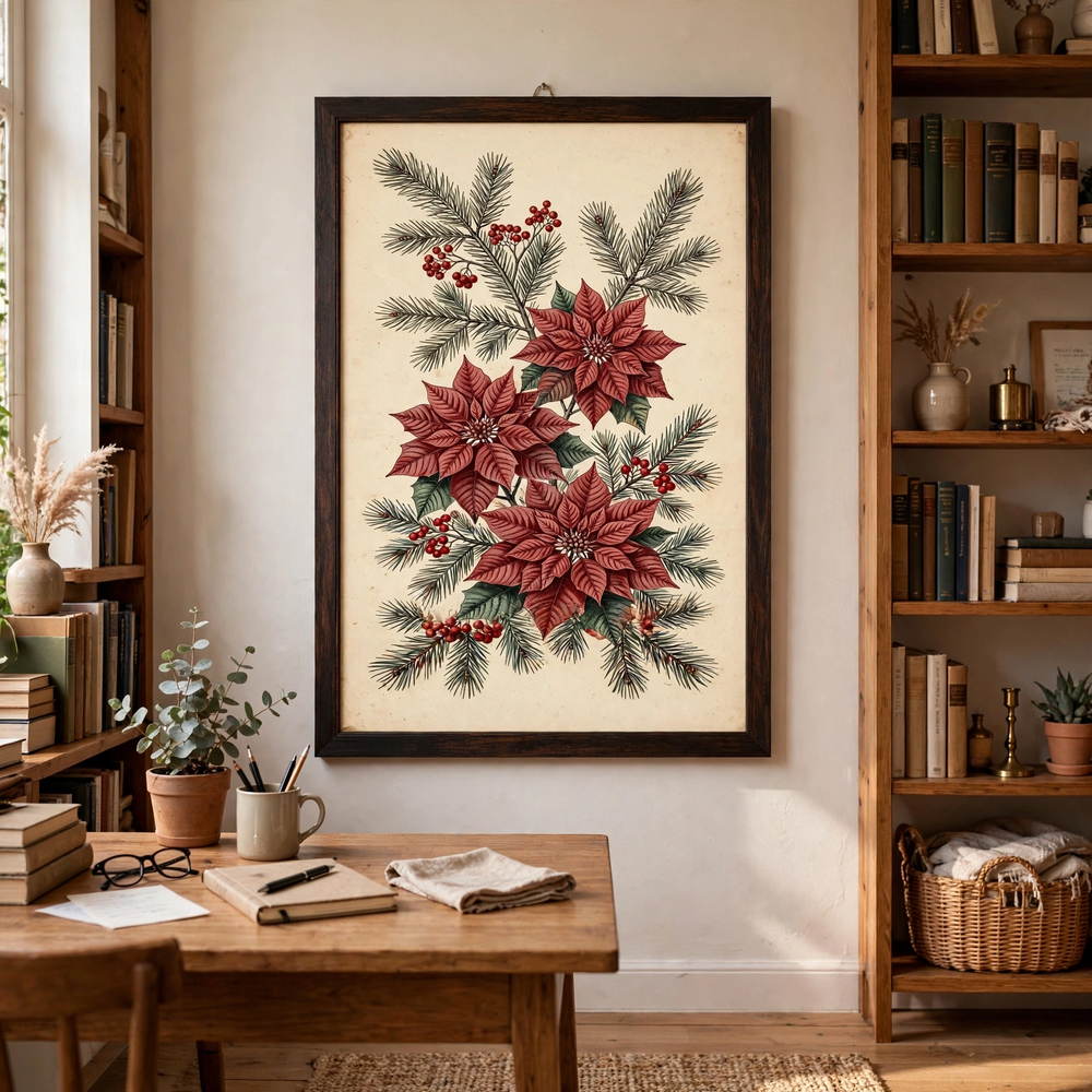 Poinsettia & Pine Botanical poster in home office