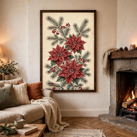 Poinsettia & Pine Botanical poster in living room