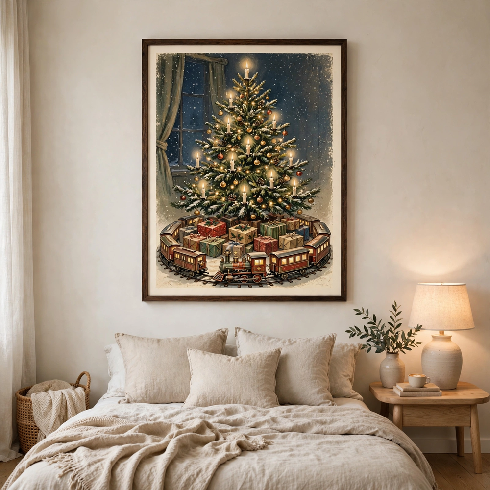 Toy Train Under the Tree poster in bedroom