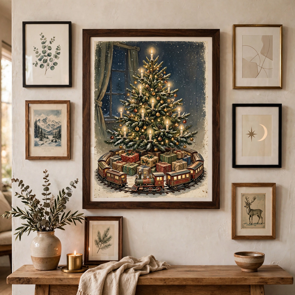 Toy Train Under the Tree poster in gallery wall