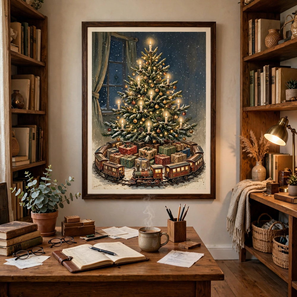 Toy Train Under the Tree poster in home office