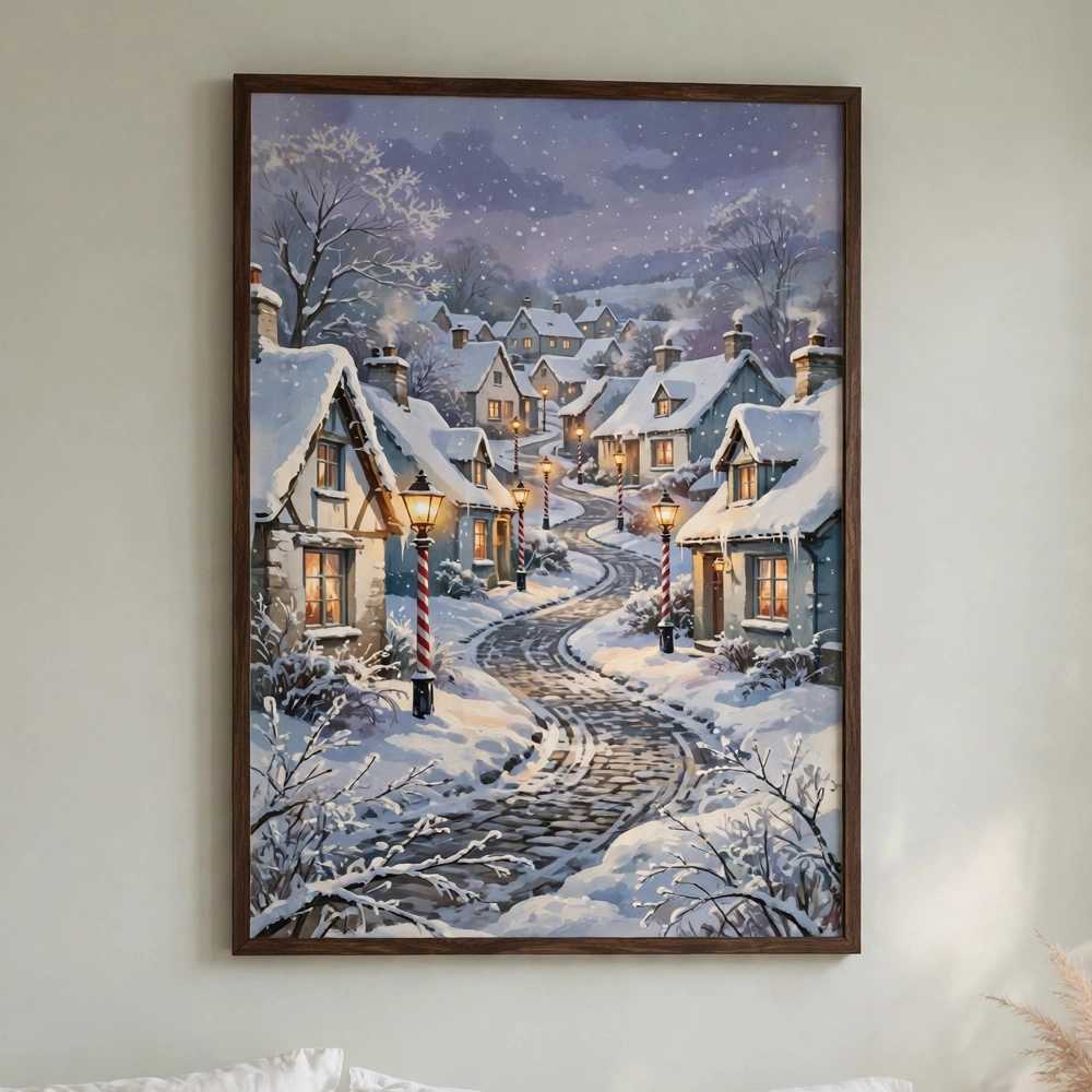 Candy Cane Lantern Lane poster in a minimalist bedroom