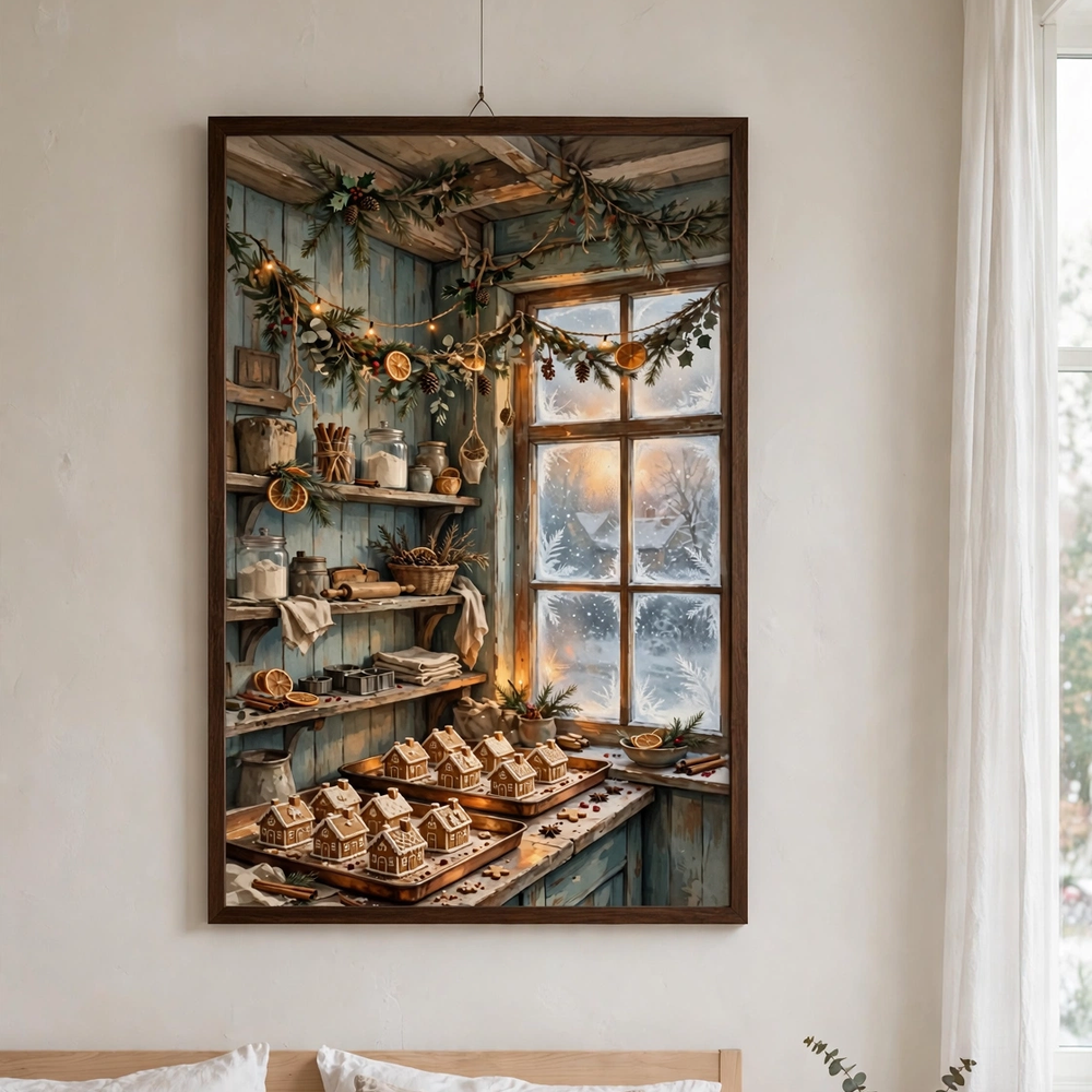 Mrs. Claus's Gingerbread Bakery poster in a minimalist bedroom
