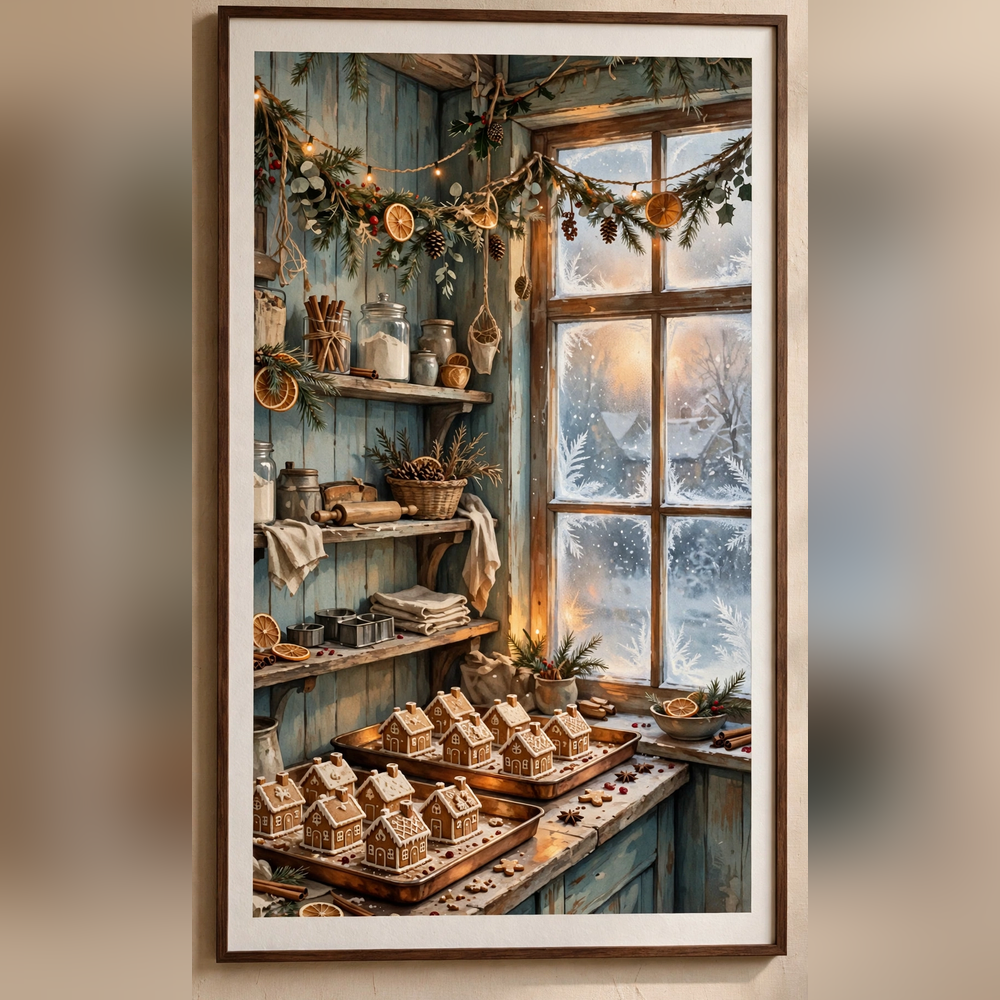 Close-up detail of Mrs. Claus's Gingerbread Bakery poster print quality