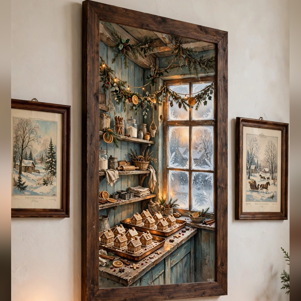 Mrs. Claus's Gingerbread Bakery poster as centerpiece of a gallery wall