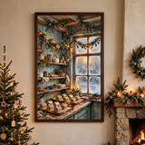 Mrs. Claus's Gingerbread Bakery poster framed in a cozy living room