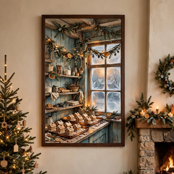 Mrs. Claus's Gingerbread Bakery poster framed in a cozy living room