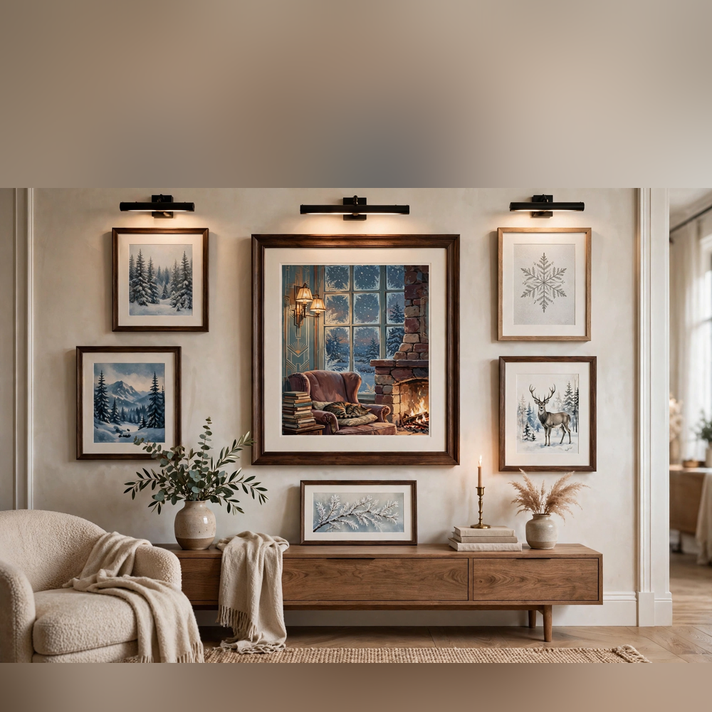 Fireside Reading Nook poster as centerpiece of a gallery wall