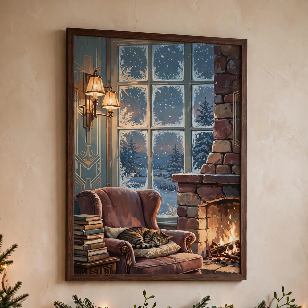 Fireside Reading Nook poster framed in a cozy living room